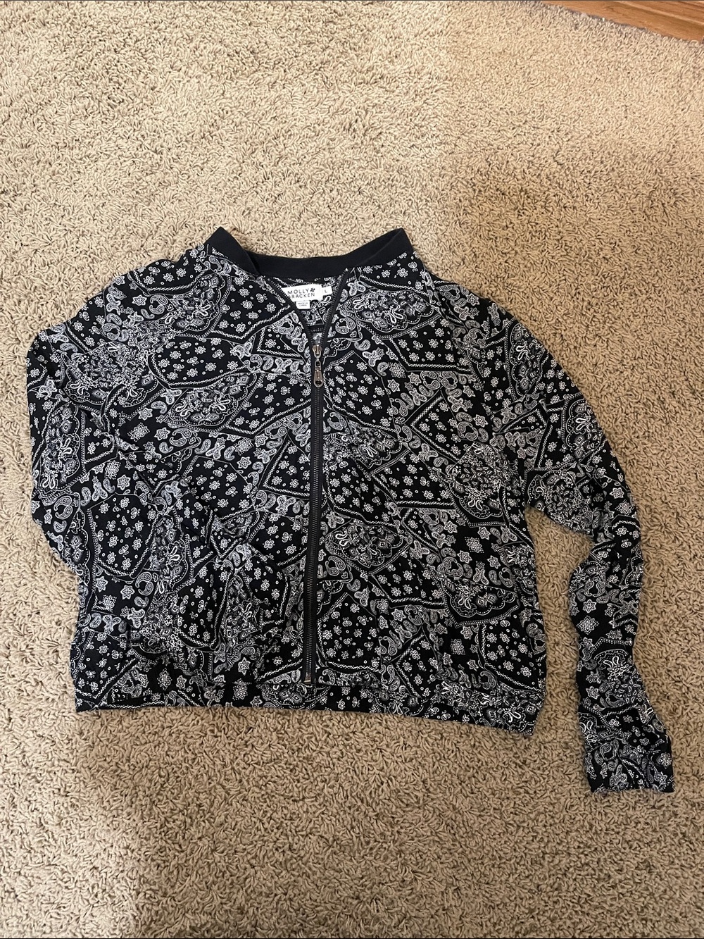 Molly Bracken Black Paisley Zip-Front Bomber Jacket
